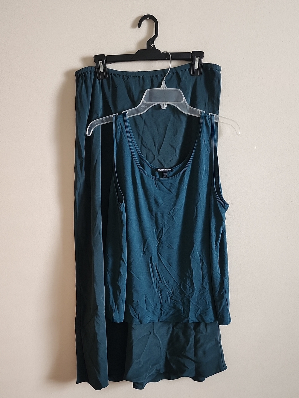 Eileen Fisher Set Deep Teal Scoop Neck Tank Top With Maxi Skirt Silk Womens XL